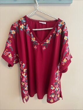 Chic Soul Blouse 2X Burgundy Red Floral Embroidered V-Neck Plus Size Boho Top